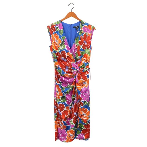 NWT Maggy London Floral V-Neck Cap Sleeve Charmeuse Faux Wrap Nevein Midi Dress - Picture 5 of 8